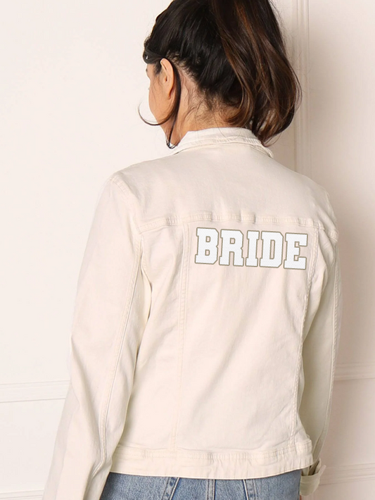 model wearing Maid Bridal Bride Varsity Ecru Twill Jacket