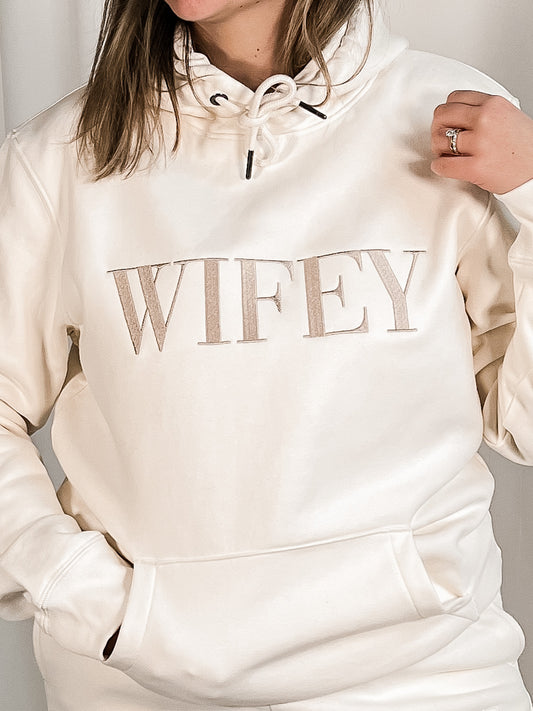 Bold Wifey Embroidered Oversized Hoodie in Ivory/Bronze - maidbridal