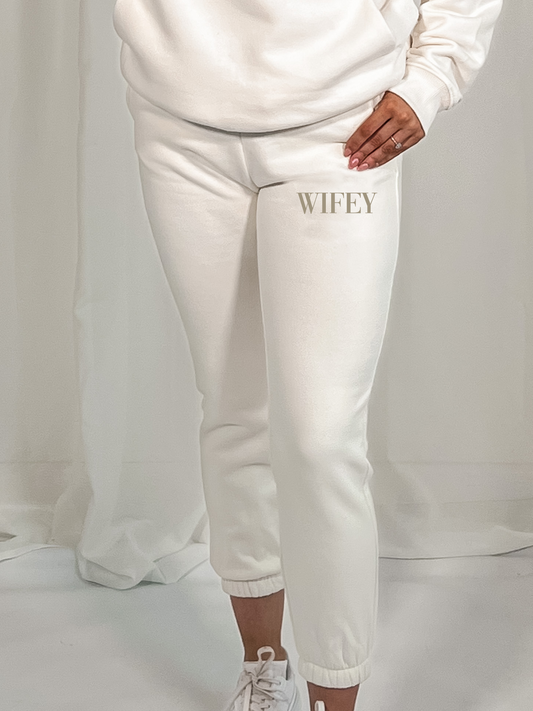 Bold Wifey Embroidered Jogger Pants in Ivory - maidbridal