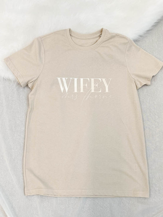 SAMPLE SALE - Signature Wifey T-Shirt Mrs Thorne T-Shirt in Sand/Gold - S - maidbridal