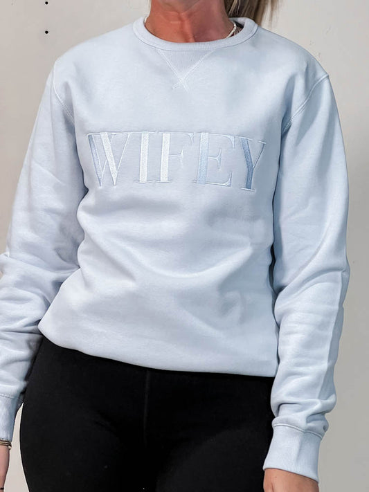 SAMPLE SALE - Bold Wifey Sweatshirt in Creamy Blue - XS - maidbridal