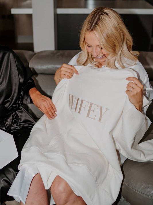 Bold Wifey Embroidered Oversized Hoodie in Ivory/Champagne - maidbridal