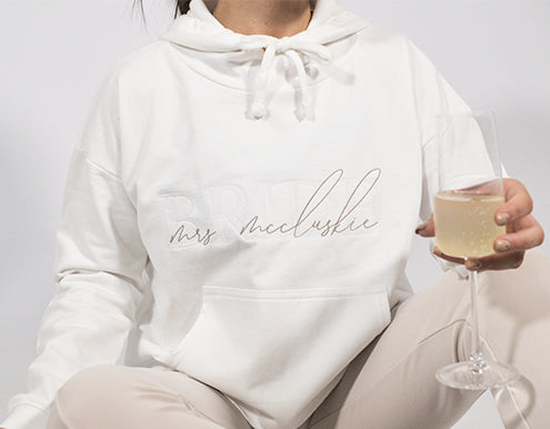 Custom Bride Cropped Hoodie | Bride To Be Outfit | Bridal Shower Jumper | Hen Do Sweat | Customised Engagement Gift | Bridal Party Present - maidbridal